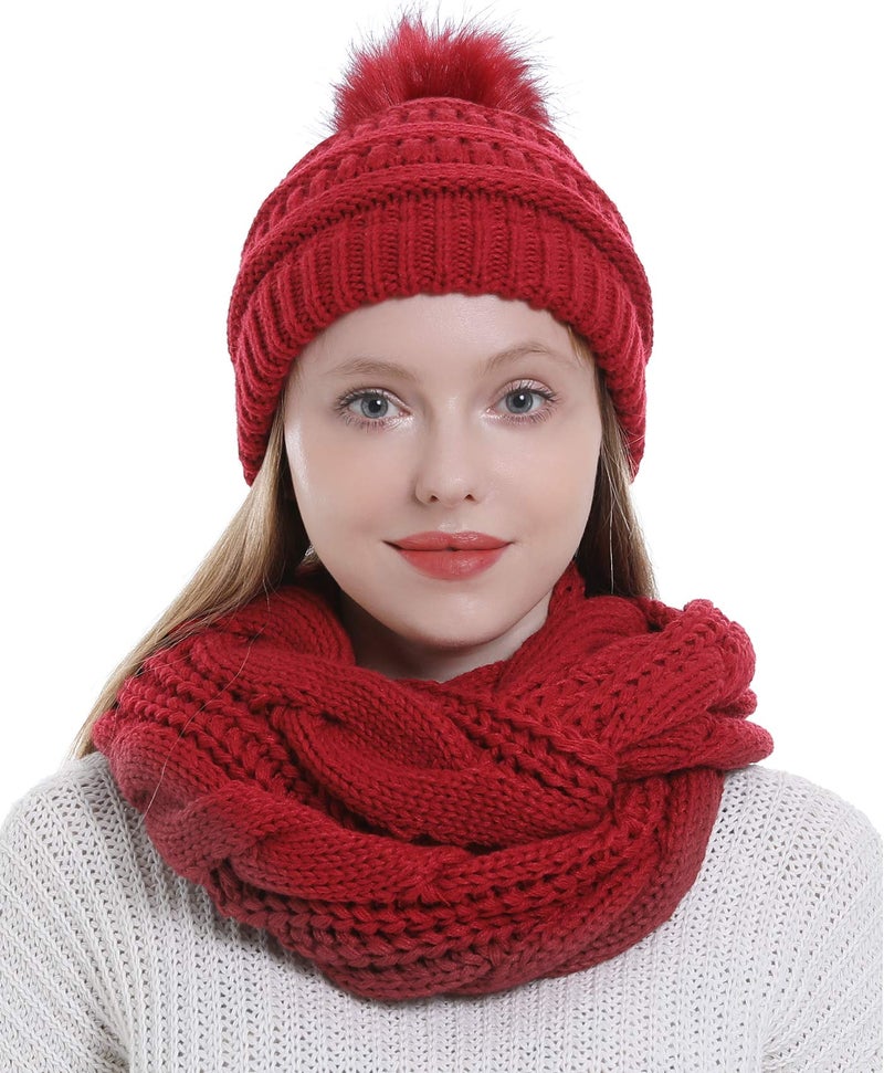 Double Couple Womens Scarf Beanie Hat with Faux Fur Ball Set Thick Winter Cable Knitted Circle Loop Infinity Scarfs for Women (Burgundy Pom Pom Set) - Image 5